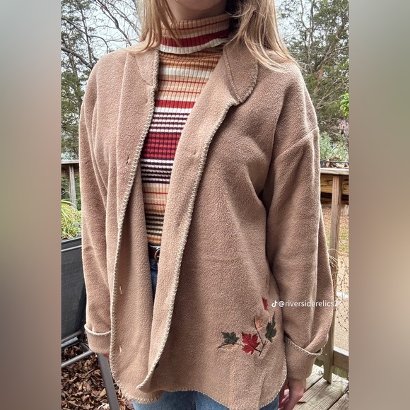 Attraction Fleece Embroidered Leaves Fall Button Up Light Jacket - Picture 3 of 8